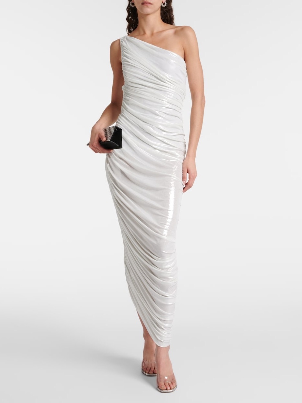 Norma Kamali The Diana One-Shoulder Shiny White Ruched Gown